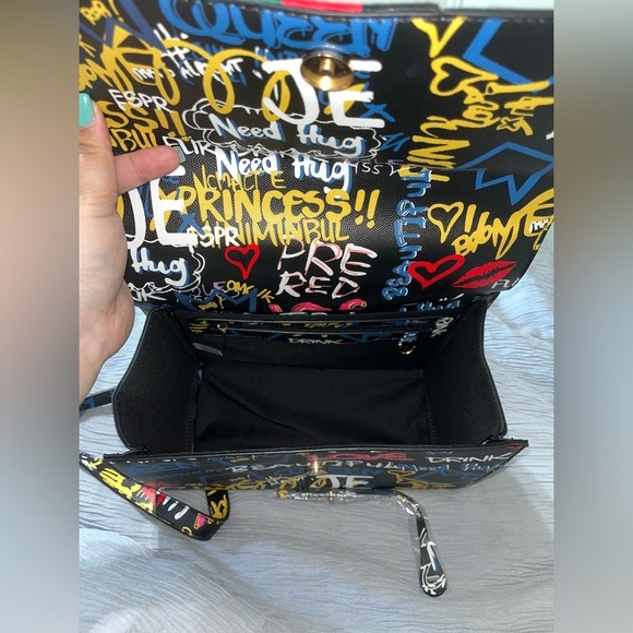 Bee Box Satchel Handbag Purse W/Matching Wallet Black Graffiti - Picture 14 of 16